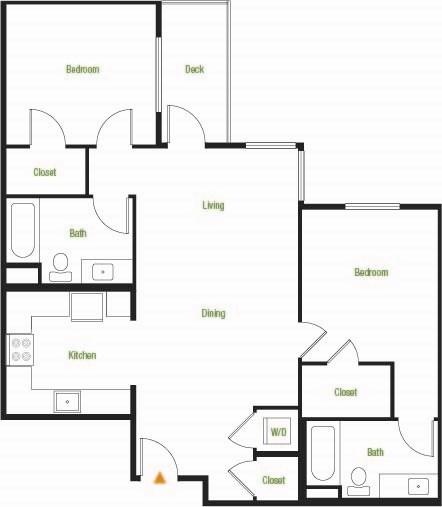 Floor plan for 2 beds, 2 baths, 1042 sqft
